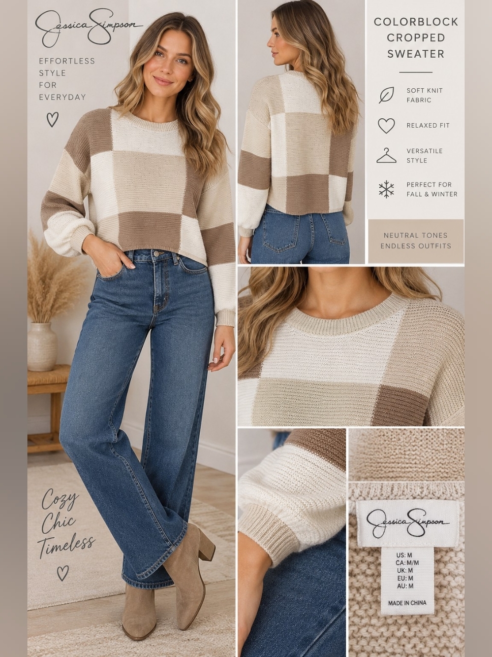 Jessica Simpson Colorblock Sweater M Cream Taupe Cropped Balloon Sleeve